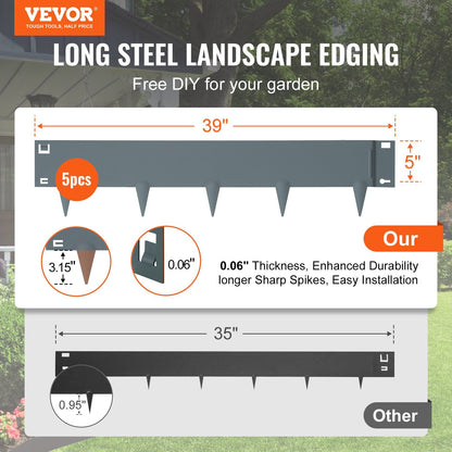 Steel Garden Edging Kit, 5-Pack, 0.1m x 12m Strips, Bendable, Dark Gray