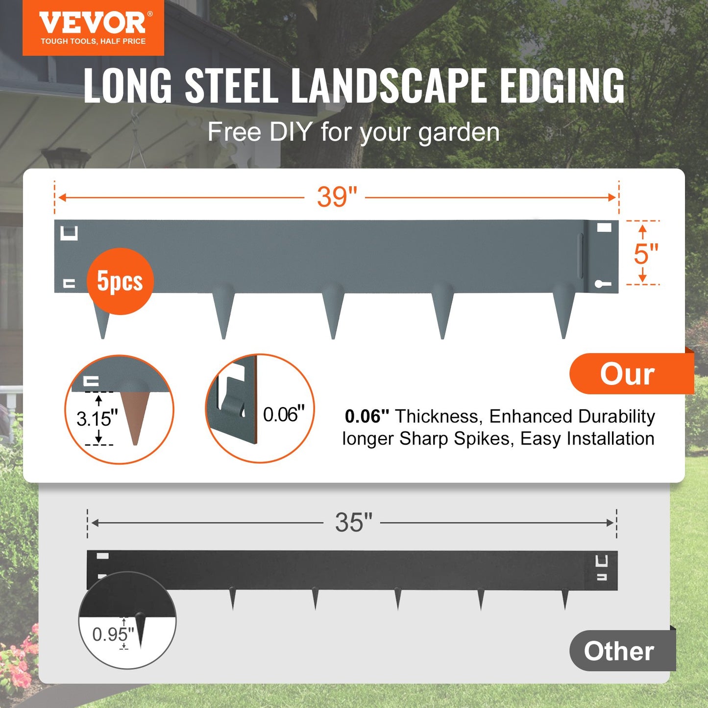 VEVOR Steel Landscape Edging, 5-pack Steel Garden Edging Borders, 39" L x 5" H Strips,