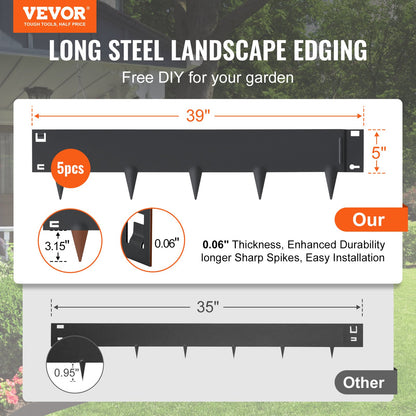 VEVOR Steel Landscape Edging, 5-pack Steel Garden Edging Borders, 39" L x 5" H Strips,