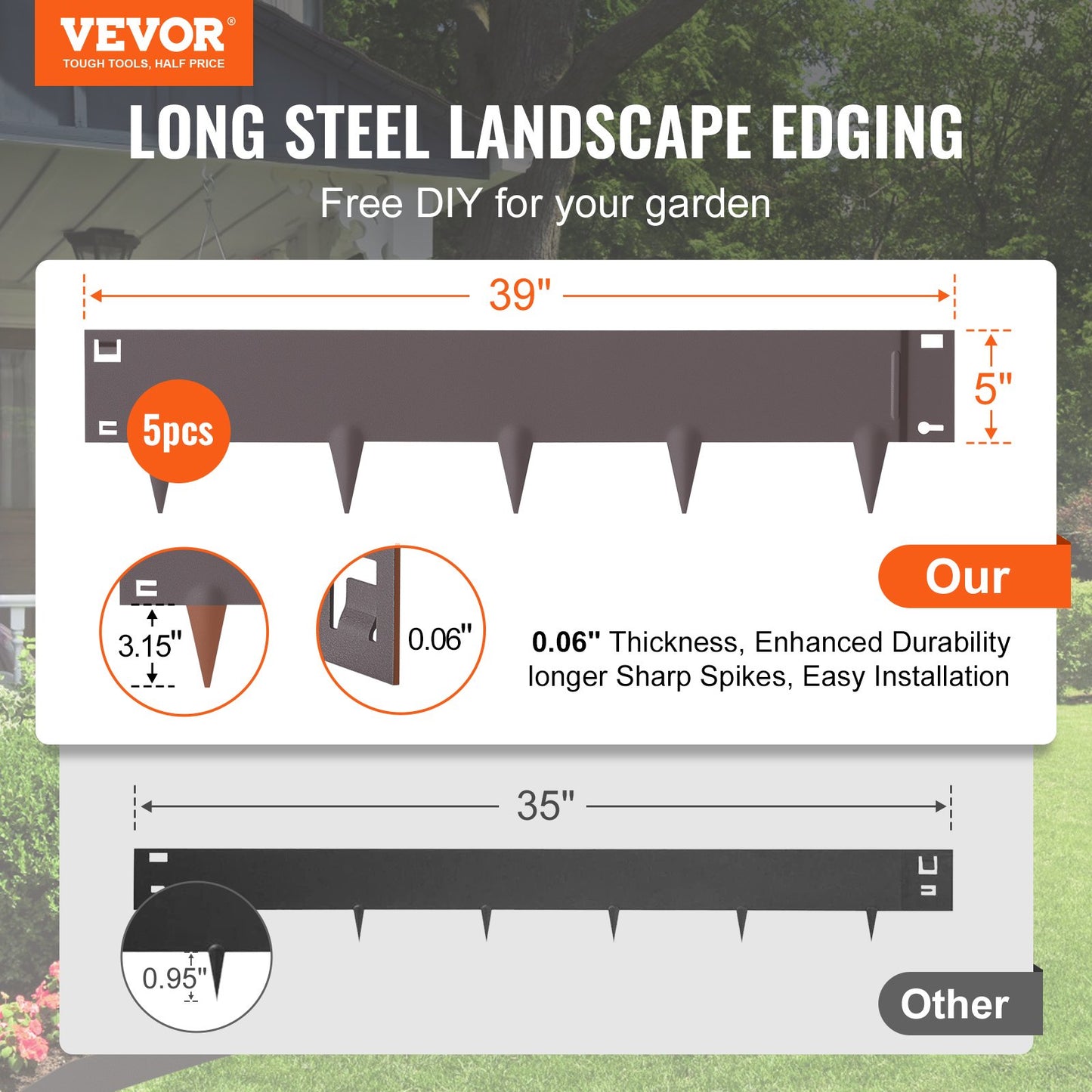 VEVOR Steel Landscape Edging, 5-pack Steel Garden Edging Borders, 39" L x 5" H Strips,