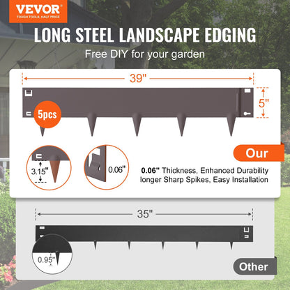 Steel Garden Edging Borders, 5-Pack, 1m x 0.13m, Bendable, Rustic Brown