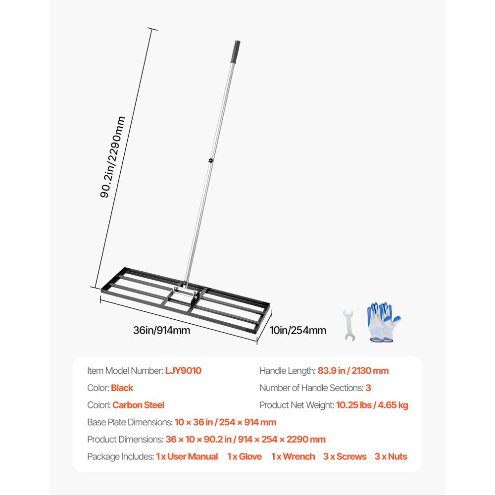 254 x 914 mm Lawn Leveling Rake 2130 mm Adjustable Handle for Yard Golf Court