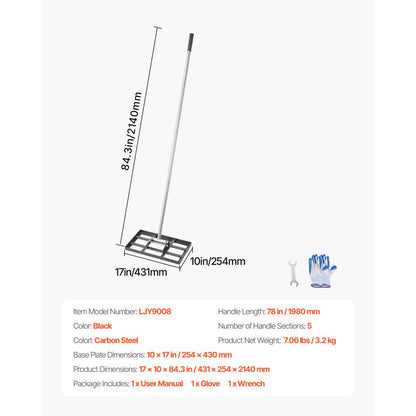 254 x 430 mm Lawn Leveling Rake 1980 mm Adjustable Handle for Yard Golf Court