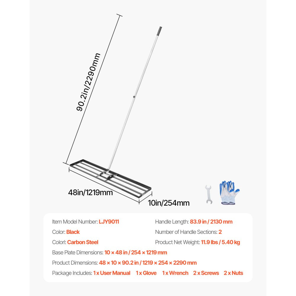 254 x 1219 mm Lawn Leveling Rake 2130 mm Adjustable Handle for Yard Golf Court