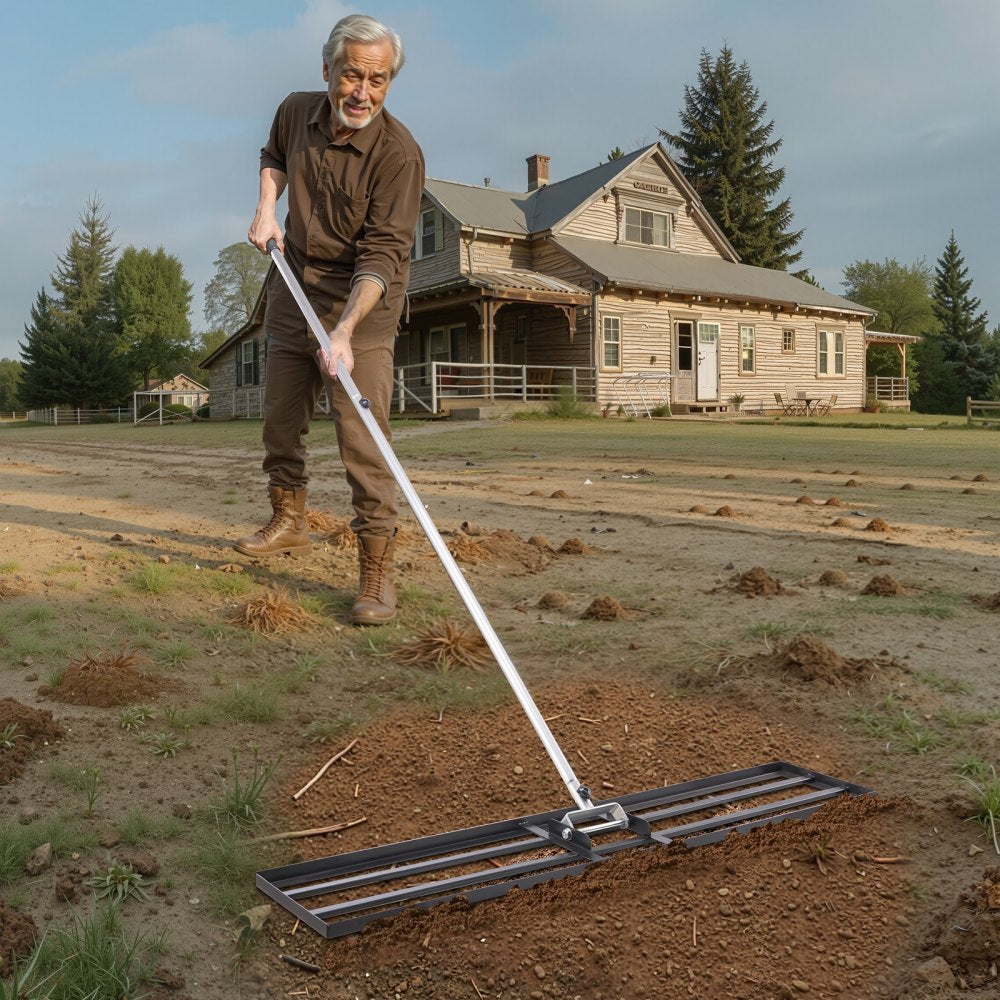 254 x 1219 mm Lawn Leveling Rake 2130 mm Adjustable Handle for Yard Golf Court