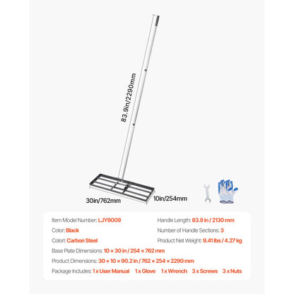 254 x 762 mm Lawn Leveling Rake 2130 mm Adjustable Handle for Yard Golf Court