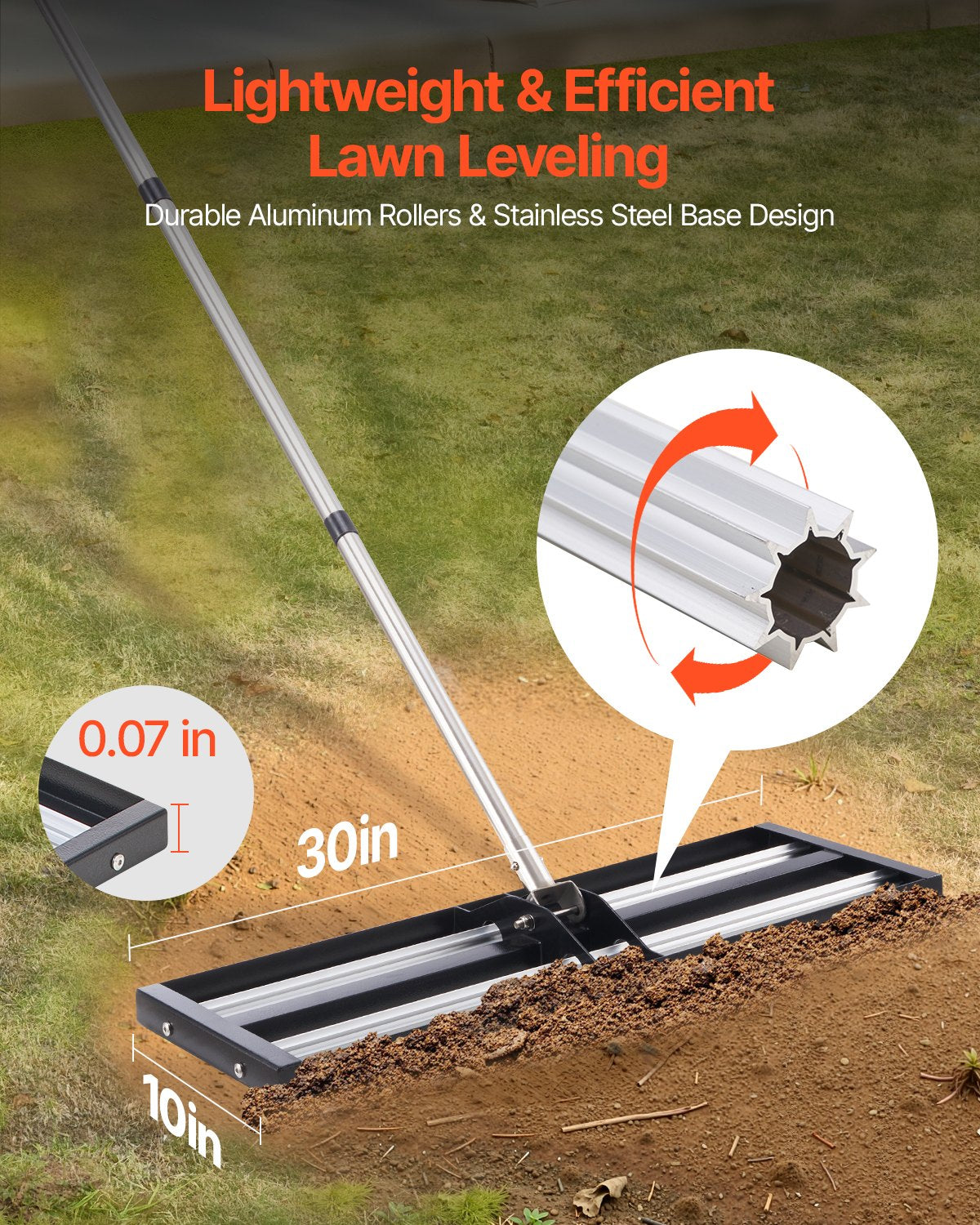 Updated Lawn Leveling Rake with Roller, 30" x 10" Stainless Steel Lawn Leveler with 83.9" Adjustable Handle, Heavy Duty Yard Leveling Rake, Effort Saving Lawn Leveling Tool for Yard Golf Court