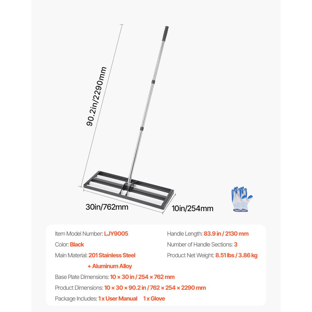 254 x 762 mm Lawn Leveling Rake with 2130 mm Adjustable Handle for Yard Garden