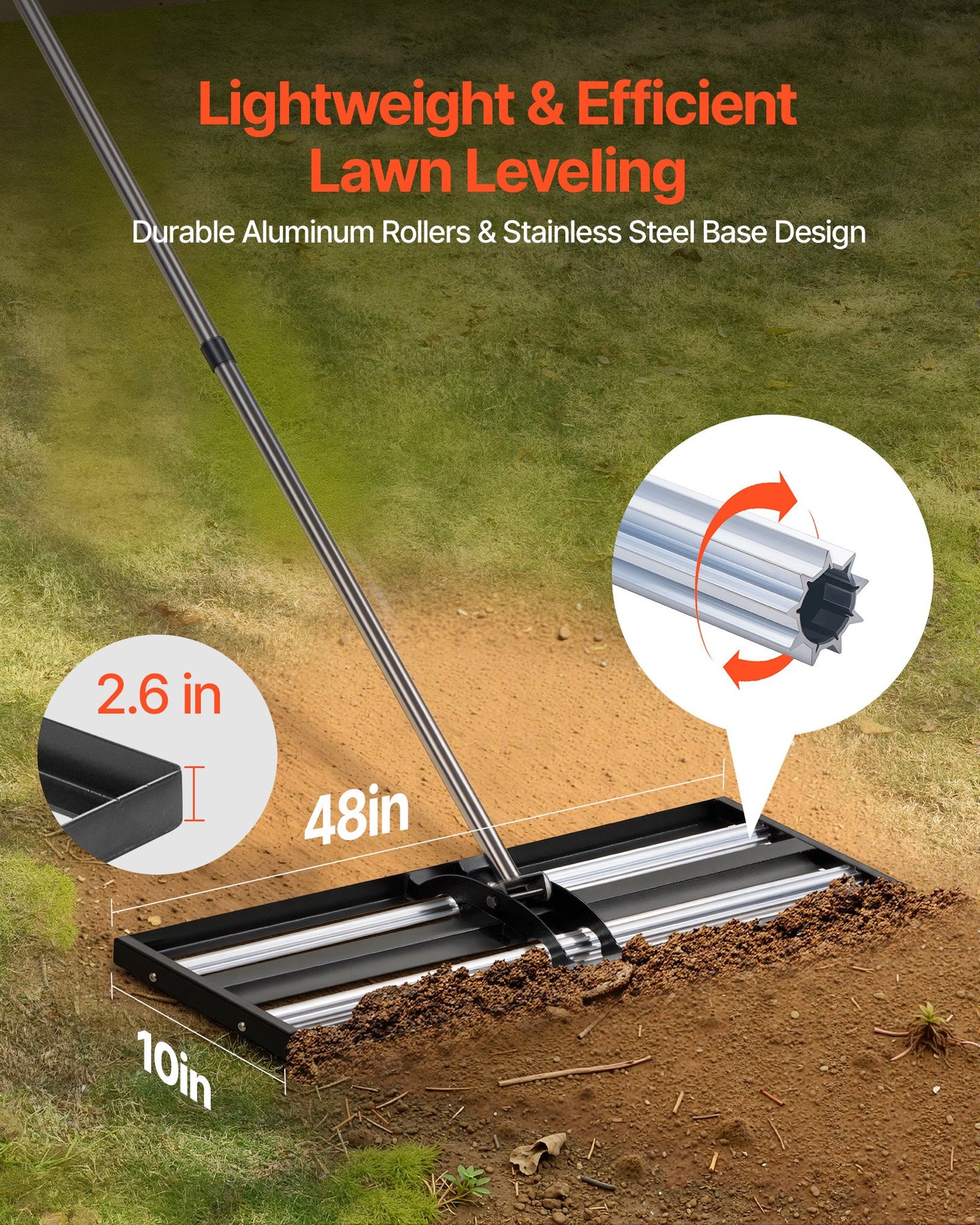 Updated Lawn Leveling Rake with Roller, 1218 x 255 mm Stainless Steel Lawn Leveler with 2133mm Adjustable Handle, Heavy Duty Yard Leveling Rake, Effort Saving Lawn Leveling Tool for Yard Golf Court