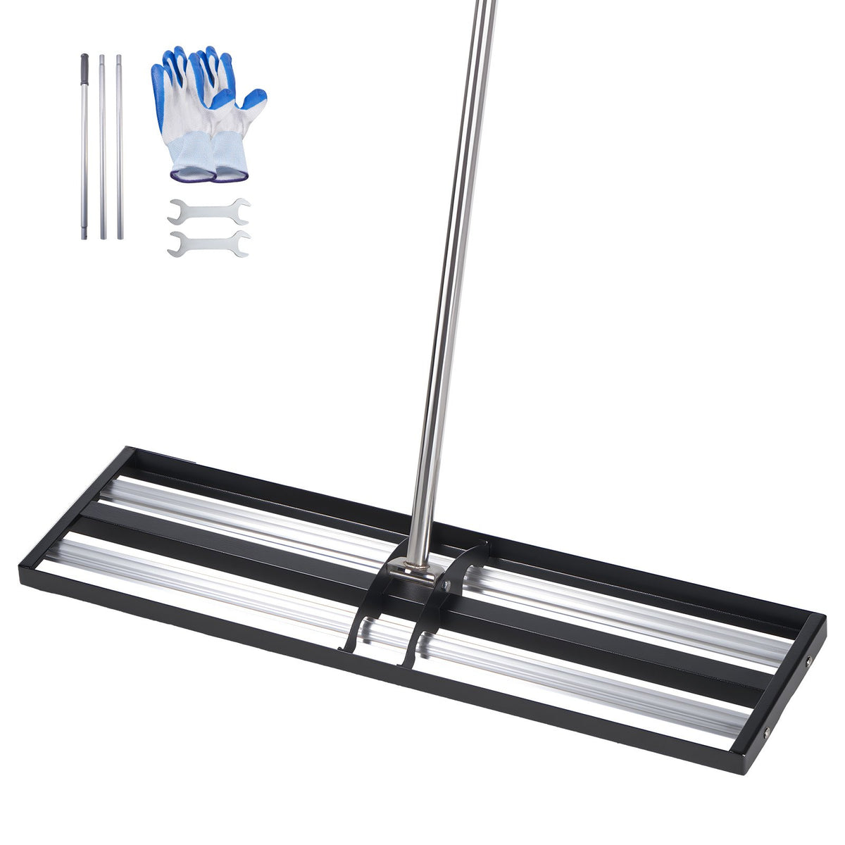 Updated Lawn Leveling Rake with Roller, 1218 x 255 mm Stainless Steel Lawn Leveler with 2133mm Adjustable Handle, Heavy Duty Yard Leveling Rake, Effort Saving Lawn Leveling Tool for Yard Golf Court