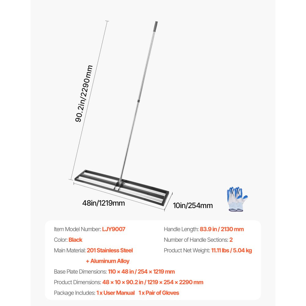 254 x 1219 mm Lawn Leveling Rake with 2130 mm Adjustable Handle for Yard Garden