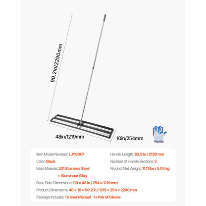 254 x 1219 mm Lawn Leveling Rake with 2130 mm Adjustable Handle for Yard Garden