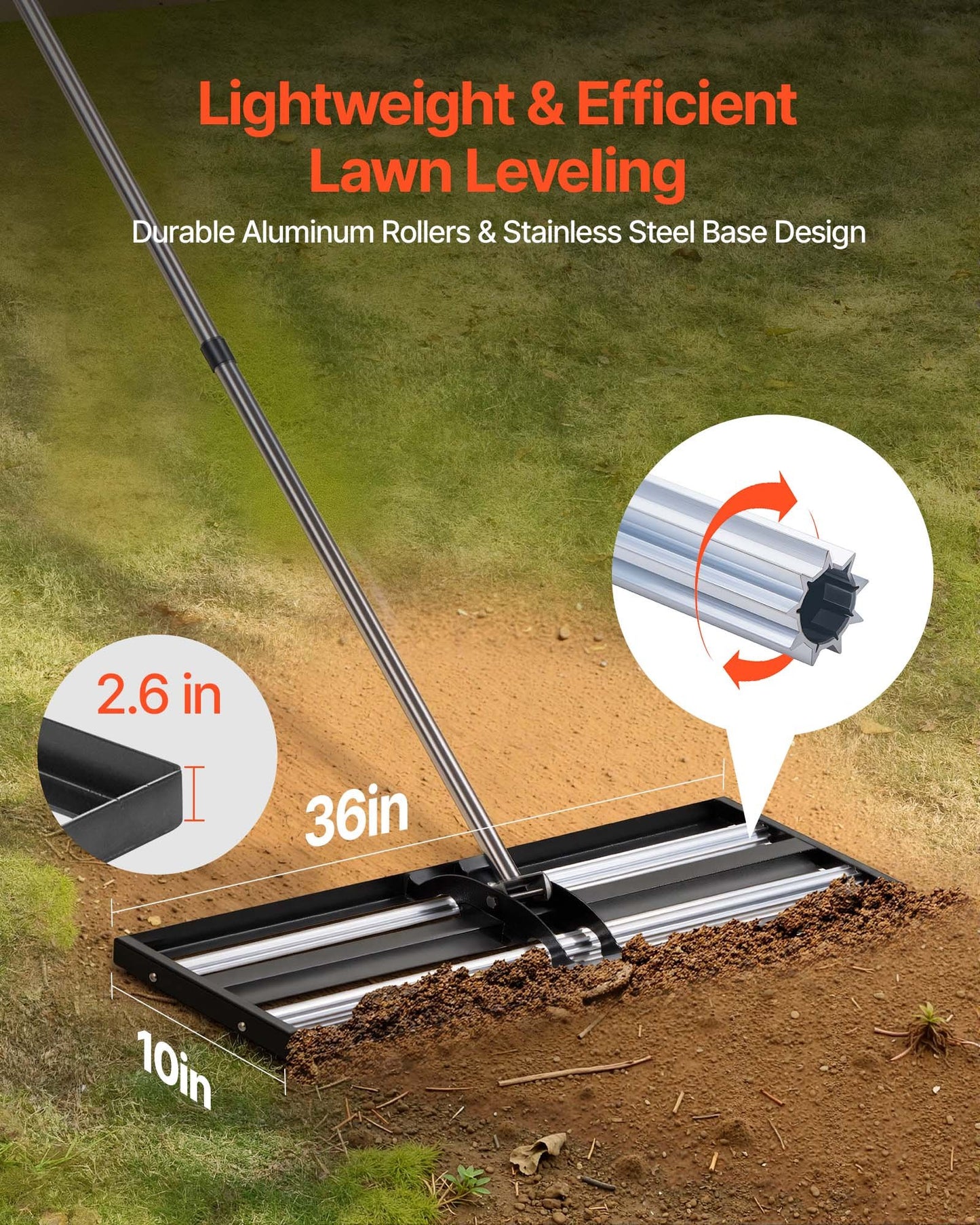Updated Lawn Leveling Rake with Roller, 914 x 254 mm Stainless Steel Lawn Leveler with 2133mm Adjustable Handle, Heavy Duty Yard Leveling Rake, Effort Saving Lawn Leveling Tool for Yard Golf Court