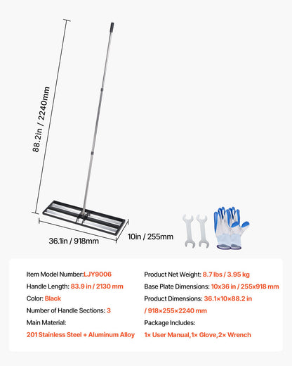 Updated Lawn Leveling Rake with Roller, 914 x 254 mm Stainless Steel Lawn Leveler with 2133mm Adjustable Handle, Heavy Duty Yard Leveling Rake, Effort Saving Lawn Leveling Tool for Yard Golf Court