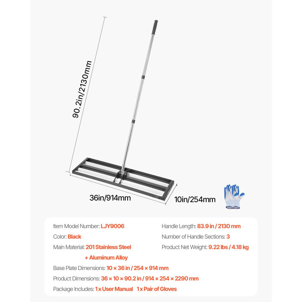 254 x 914 mm Lawn Leveling Rake with 2130 mm Adjustable Handle for Yard Garden