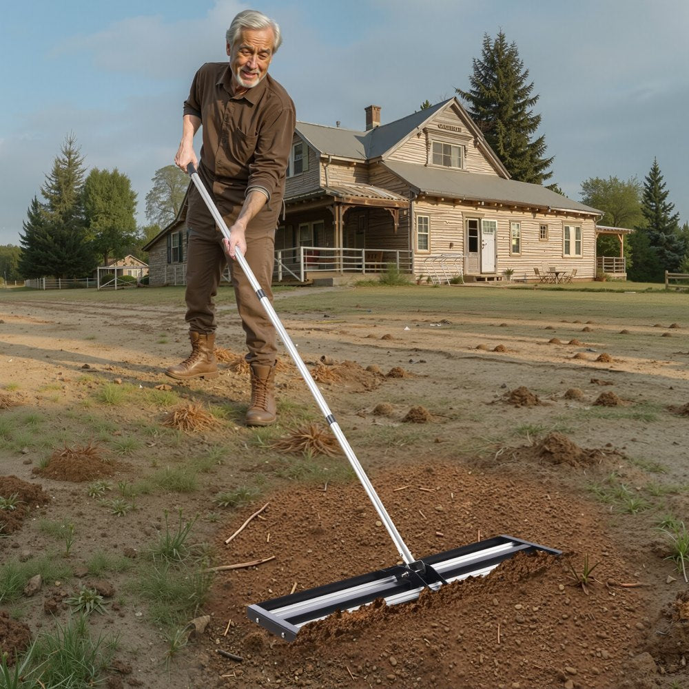 254 x 914 mm Lawn Leveling Rake with 2130 mm Adjustable Handle for Yard Garden