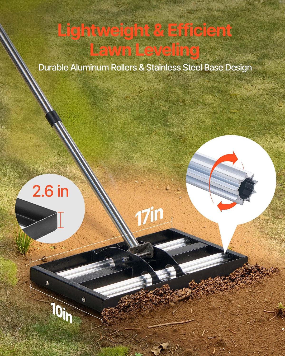 Updated Lawn Leveling Rake with Roller, 438 x 255 mm Stainless Steel Lawn Leveler with 1610mm Adjustable Handle, Heavy Duty Yard Leveling Rake, Effort Saving Lawn Leveling Tool for Yard Golf Court