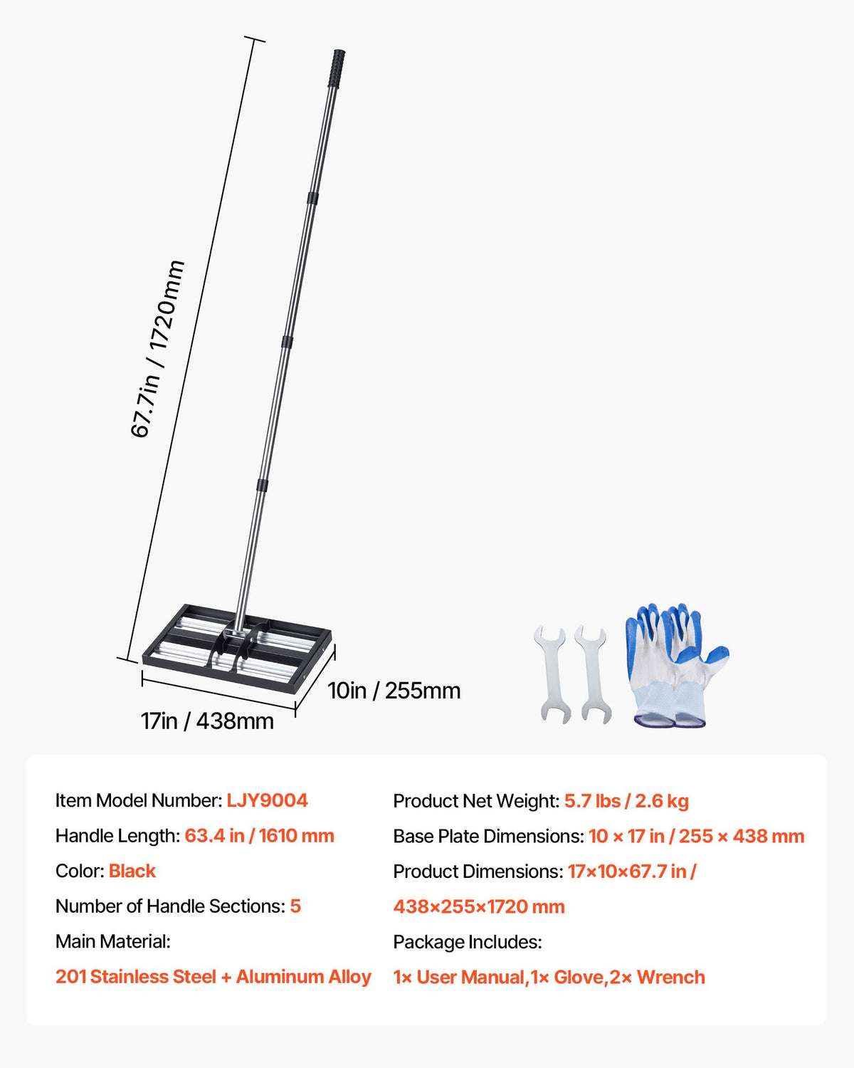 Updated Lawn Leveling Rake with Roller, 438 x 255 mm Stainless Steel Lawn Leveler with 1610mm Adjustable Handle, Heavy Duty Yard Leveling Rake, Effort Saving Lawn Leveling Tool for Yard Golf Court