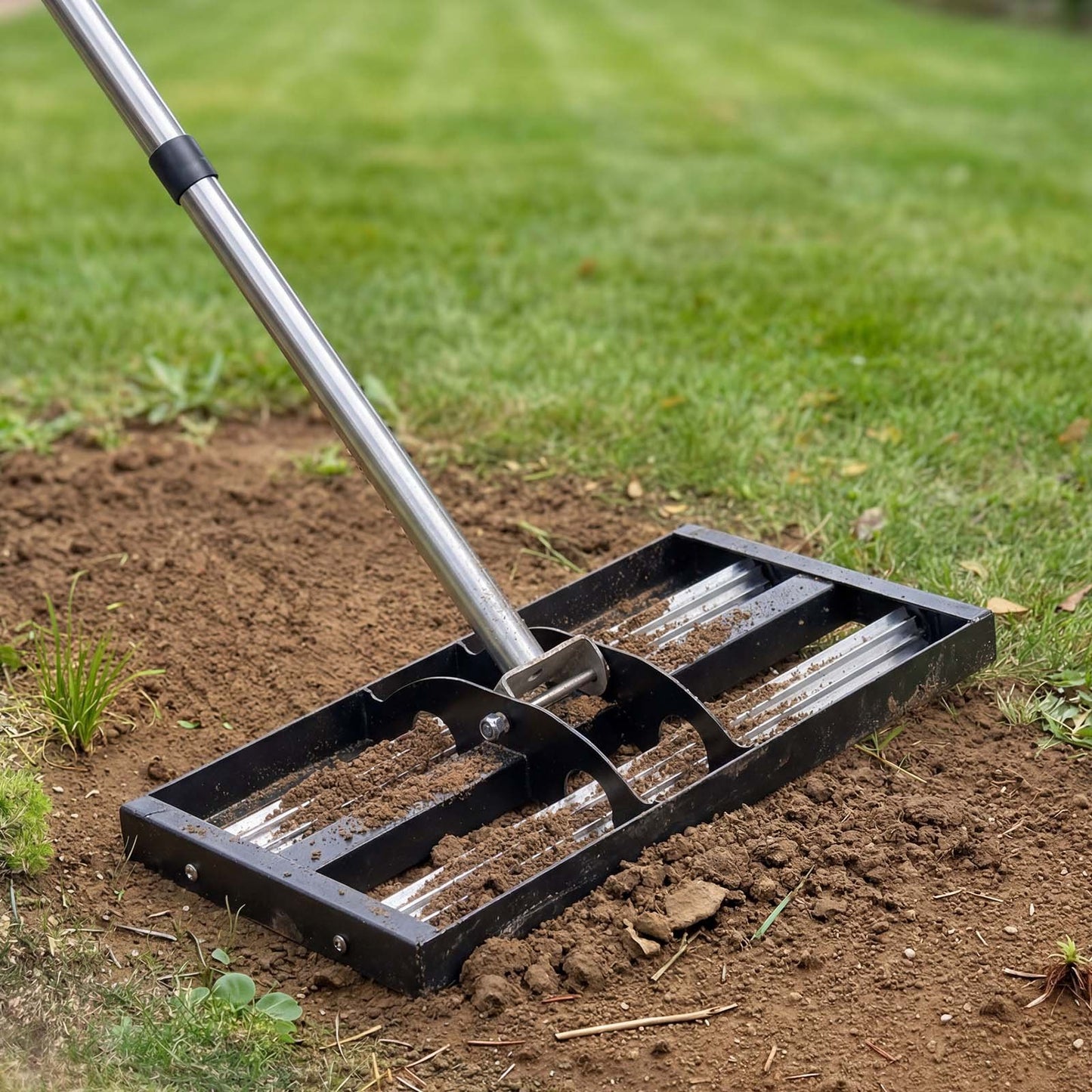 Updated Lawn Leveling Rake with Roller, 438 x 255 mm Stainless Steel Lawn Leveler with 1610mm Adjustable Handle, Heavy Duty Yard Leveling Rake, Effort Saving Lawn Leveling Tool for Yard Golf Court