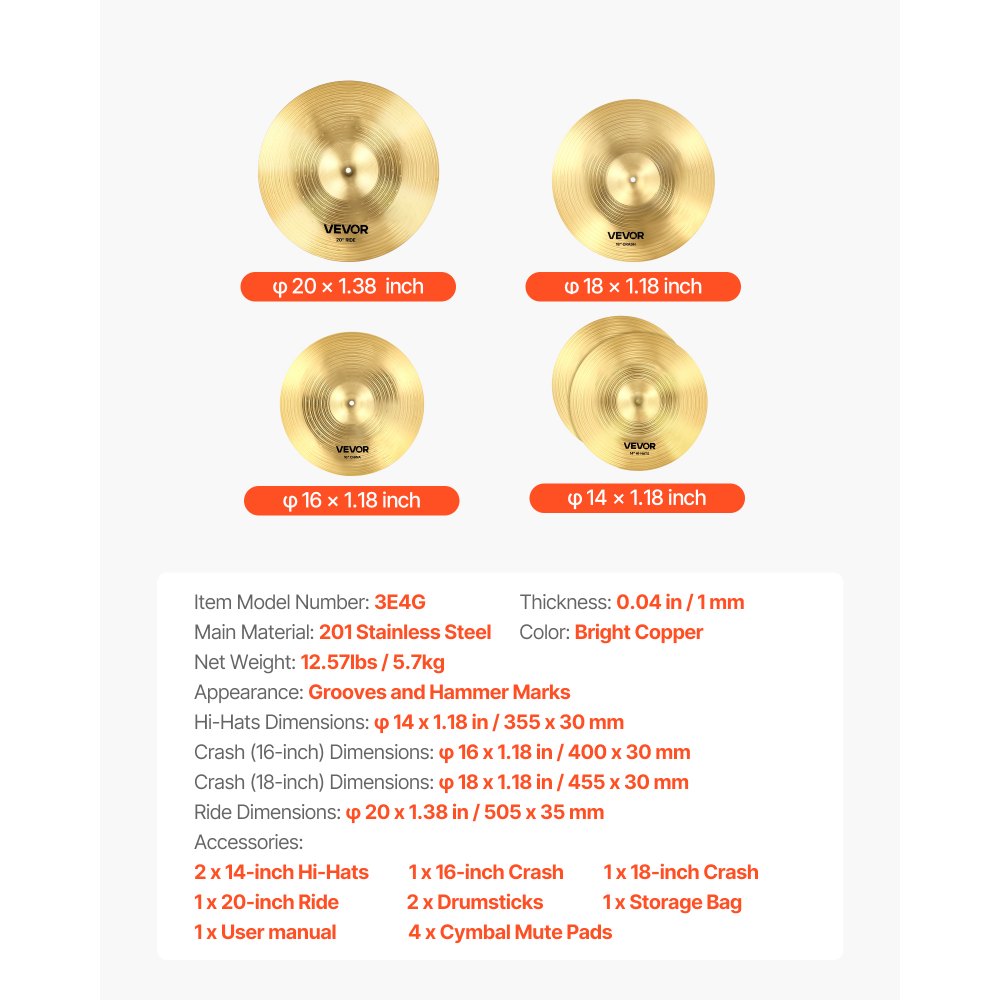 Cymbal Pack 4 Pieces Cymbals Drum Set 35.5 40 45.5 50.5 cm Cymbal for Drum