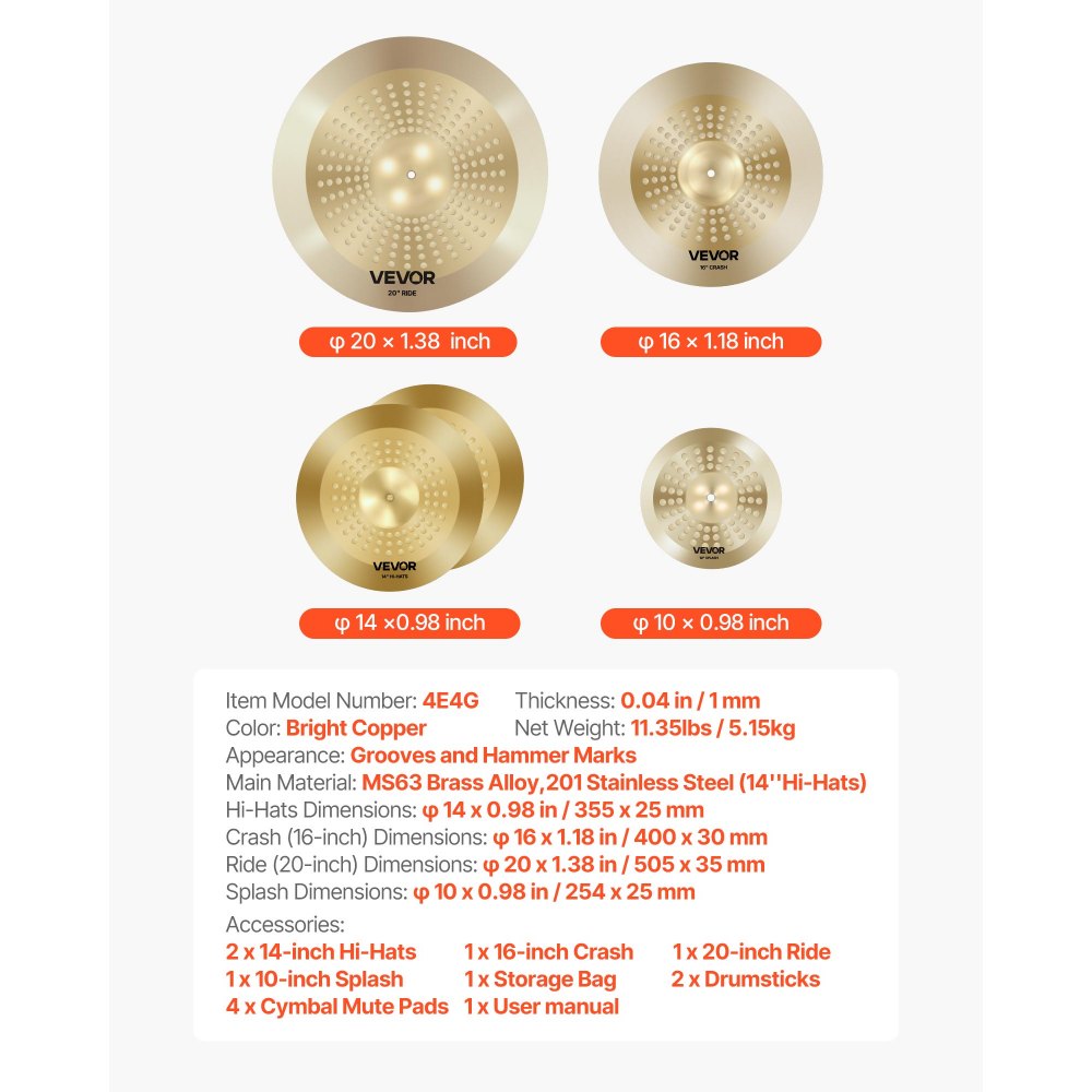 Cymbal Pack 4 Pieces Cymbals Drum Set 25.4 35.5 40 50.5 cm Cymbals for Drum