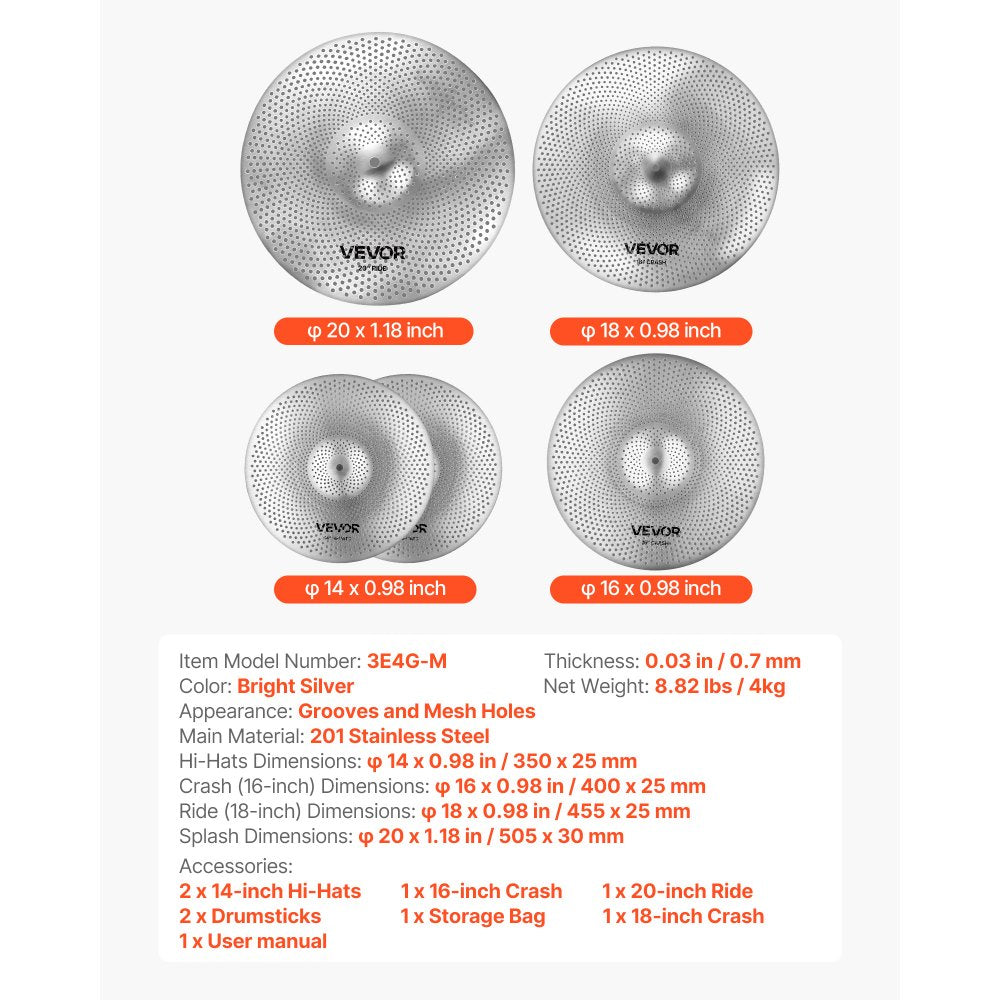 Low Volume Cymbal Pack 4 Pieces 35 40 45.5 50.5 cm Alloy Cymbals for Drum