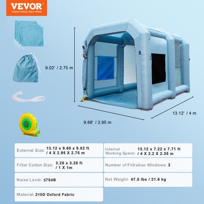 Inflatable Car Paint Tent with Filter System & 950W Blower, 4 x 2.95 x 2.75 m