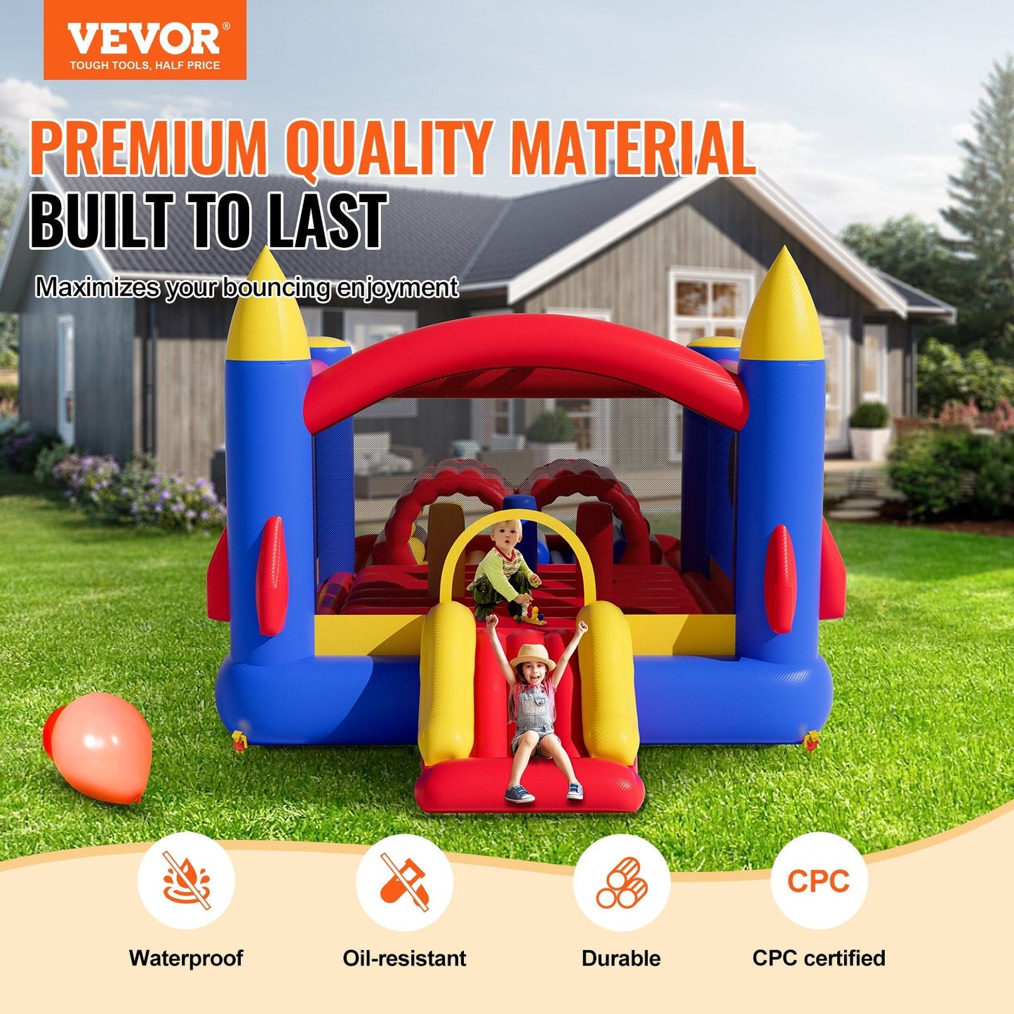Inflatable Kids Playhouse with Slide & Blower, 4x2.4x2.4m Bouncy Castle
