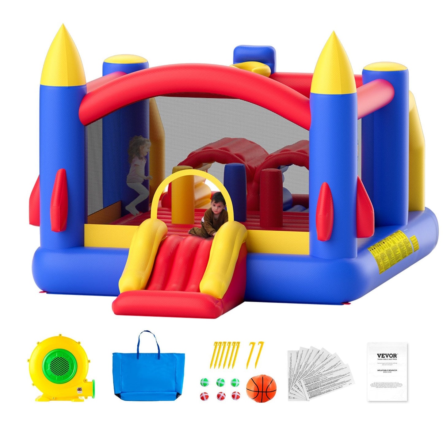 Inflatable Kids Playhouse with Slide & Blower, 4x2.4x2.4m Bouncy Castle