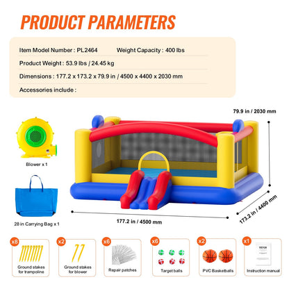 Inflatable Playhouse Trampoline with Slide & Blower, 4.5x4.4x2m, 181 kg Capacity