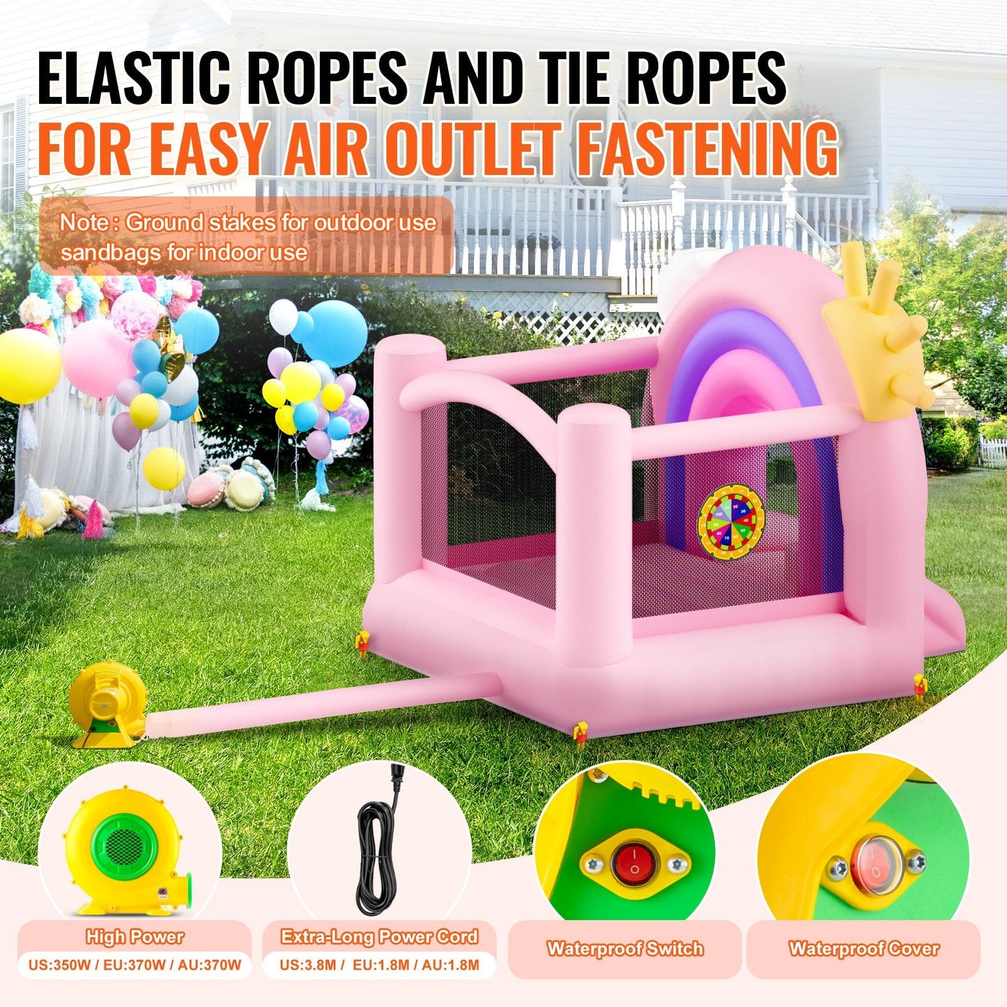 Inflatable Kids Bounce House with Slide and Blower, 2.8x2.3x2.3m, 90kg Capacity