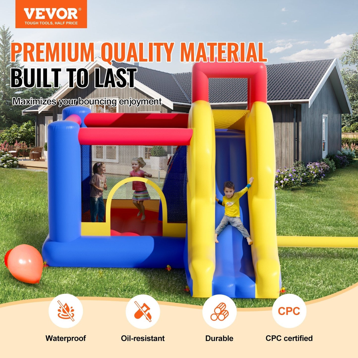 Inflatable Outdoor Playhouse Trampoline with Slide & Blower, 3.4x2.6x2.3m