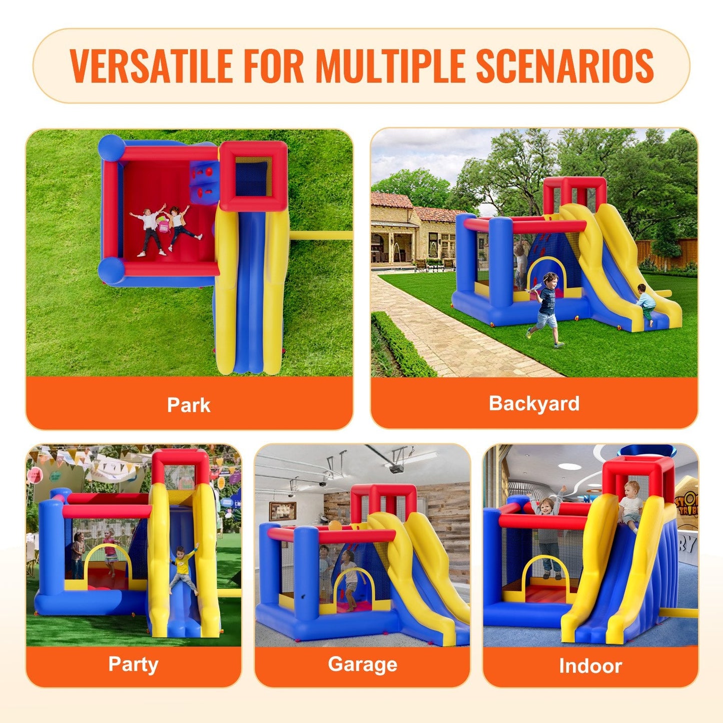 Inflatable Outdoor Playhouse Trampoline with Slide & Blower, 3.4x2.6x2.3m