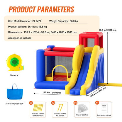 Inflatable Outdoor Playhouse Trampoline with Slide & Blower, 3.4x2.6x2.3m
