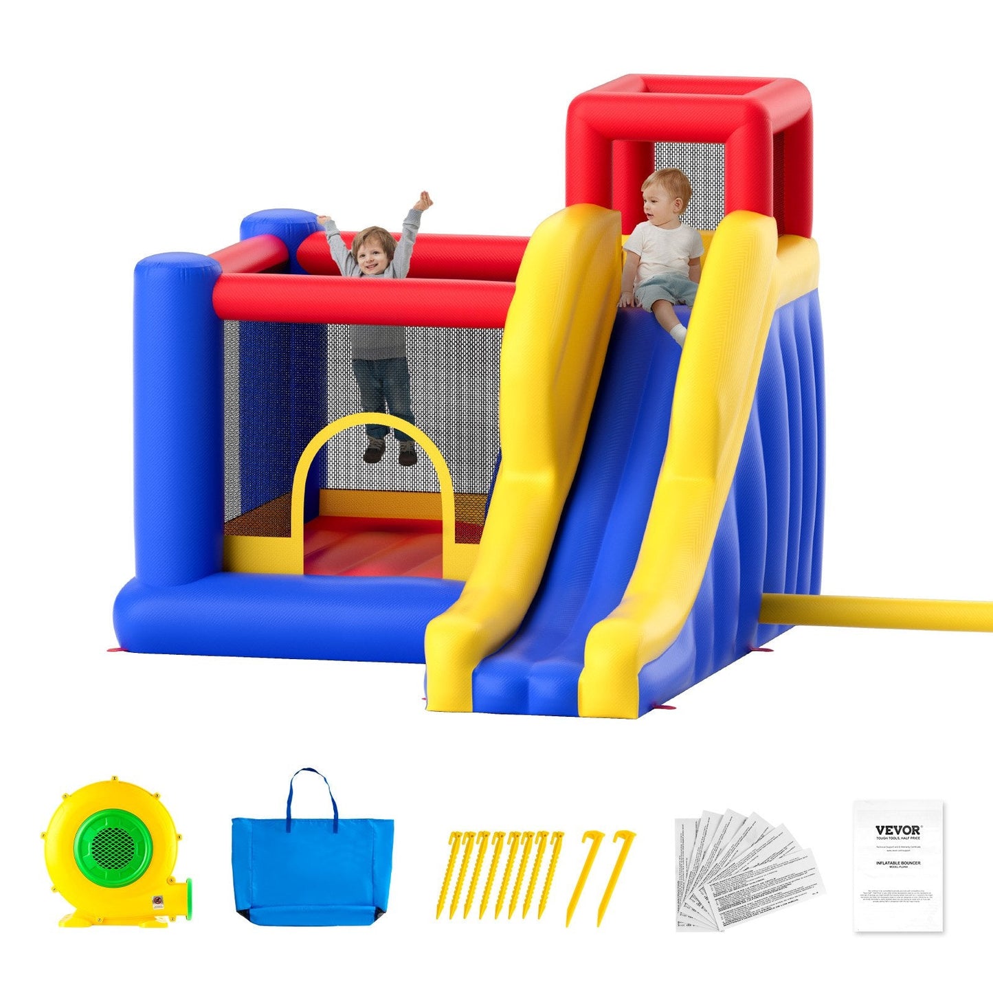 Inflatable Outdoor Playhouse Trampoline with Slide & Blower, 3.4x2.6x2.3m