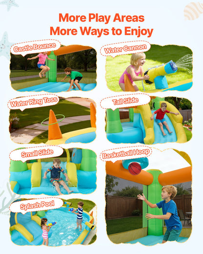 Inflatable Bounce House, 3.82 x 3.98 x 1.97 m Inflatable Bounce House Water Slide, Bouncer Castle with Castle Bounces, Basketball Hoop, Splash Pool & Water Ring Toss, for 3 to 4 Kids Ages 3 to 8