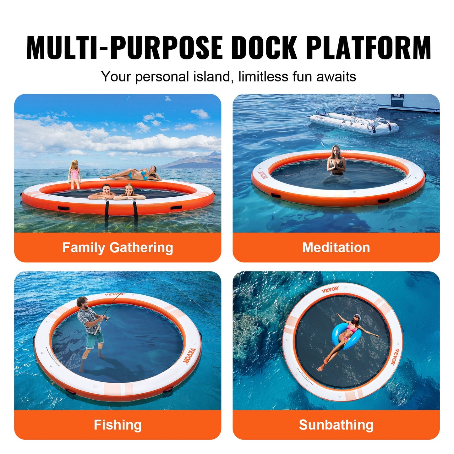 VEVOR Inflatable Floating Dock, ø10FT Inflatable Dock Platform with ø8FT Trampoline