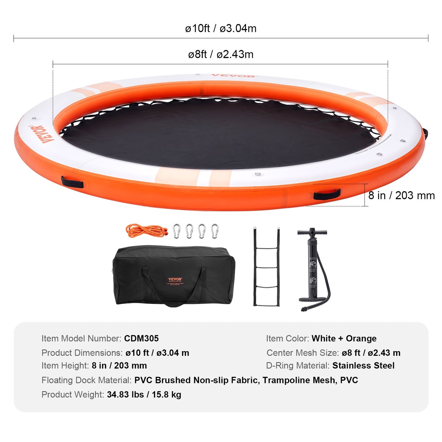 VEVOR Inflatable Floating Dock, ø10FT Inflatable Dock Platform with ø8FT Trampoline