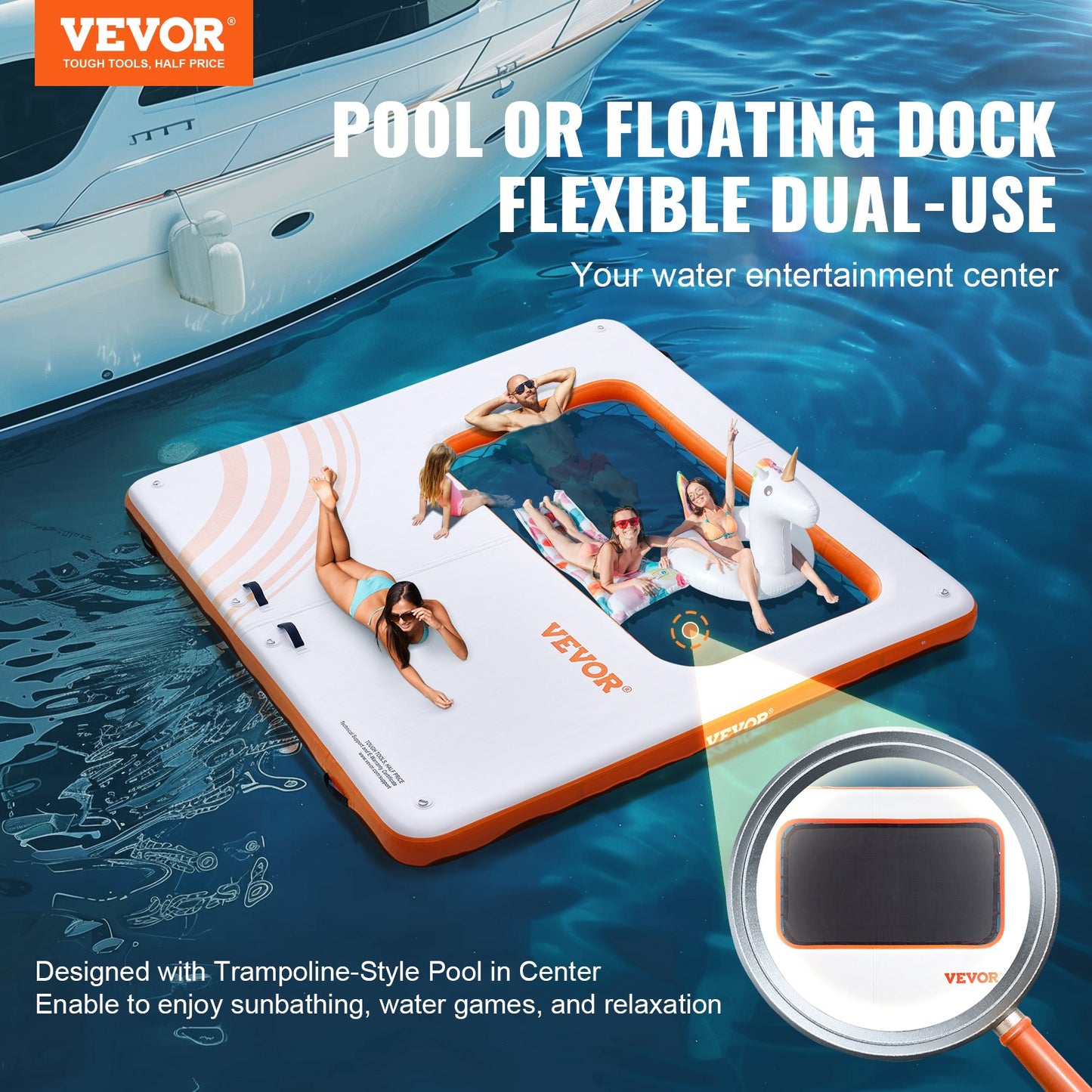 VEVOR Inflatable Floating Dock, 10x10FT Inflatable Dock Platform with 4*7FT Trampoline