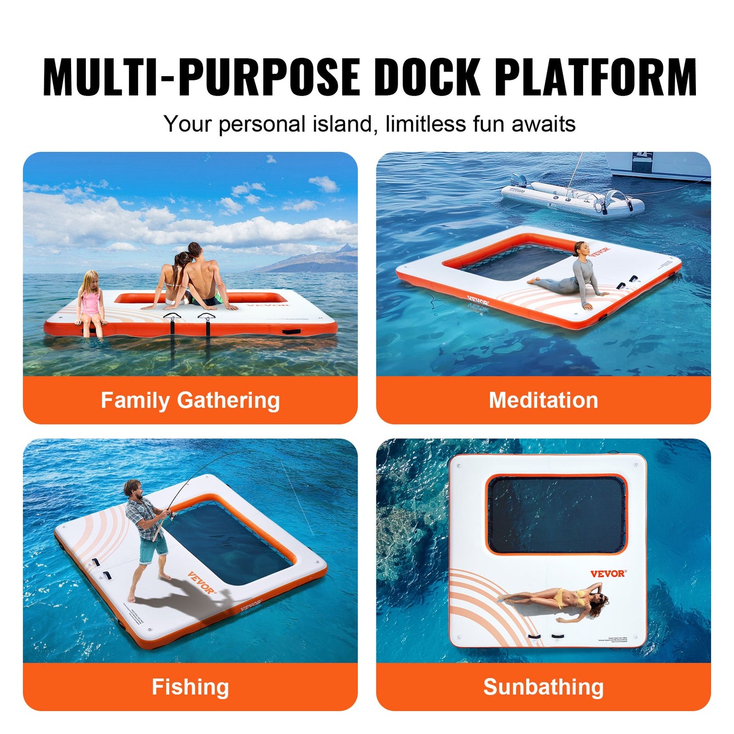 VEVOR Inflatable Floating Dock, 10x10FT Inflatable Dock Platform with 4*7FT Trampoline