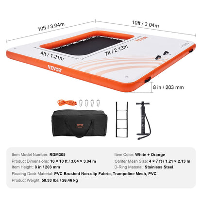 Inflatable Floating Dock with Trampoline and Ladder, 3x3m Water Platform