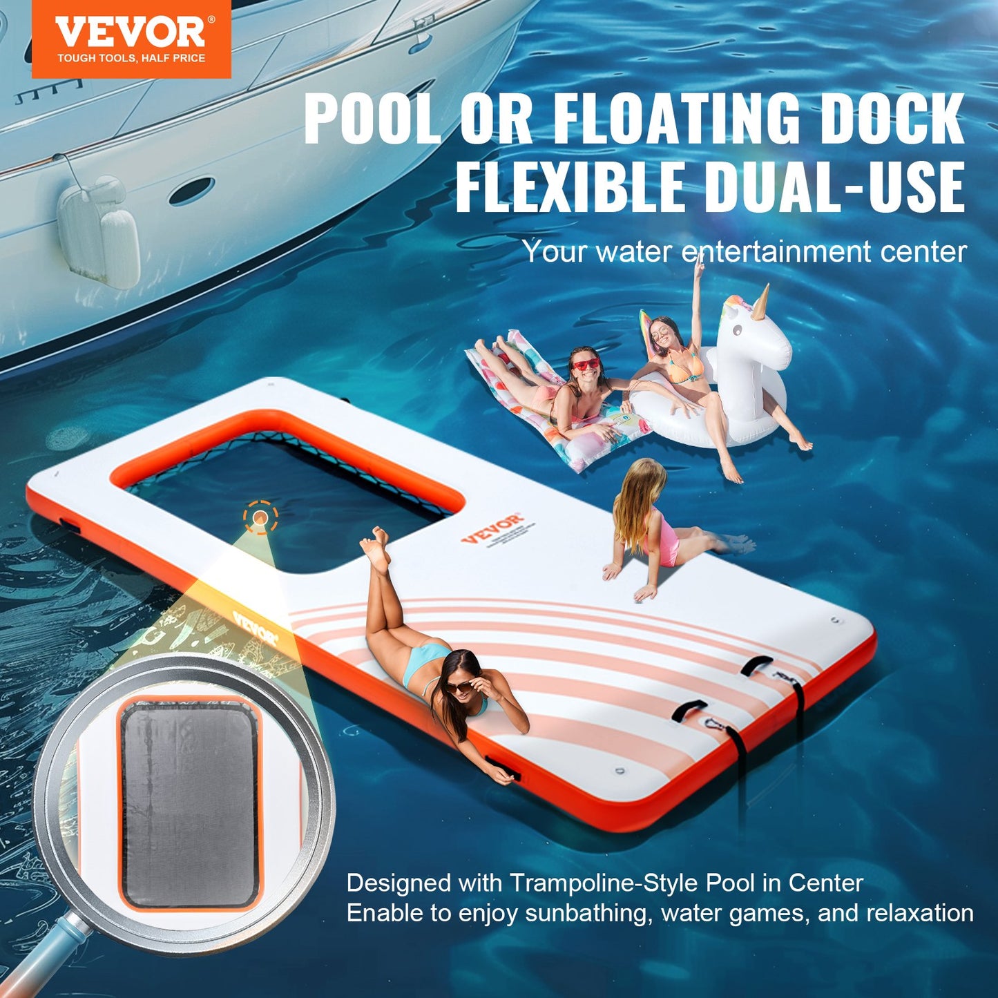 VEVOR Inflatable Floating Dock, 15x6.5FT Inflatable Dock Platform with 4*6FT Trampoline
