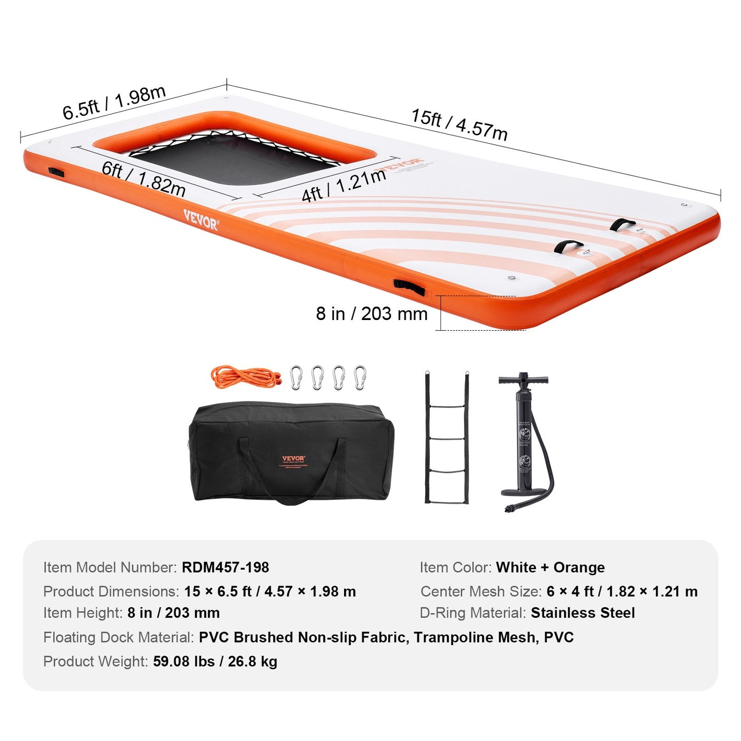 VEVOR Inflatable Floating Dock, 15x6.5FT Inflatable Dock Platform with 4*6FT Trampoline