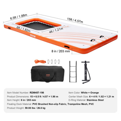 VEVOR Inflatable Floating Dock, 15x6.5FT Inflatable Dock Platform with 4*6FT Trampoline