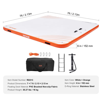 Inflatable Floating Dock Platform with Ladder, 2.13 x 2.13m Non-Slip Raft Mat