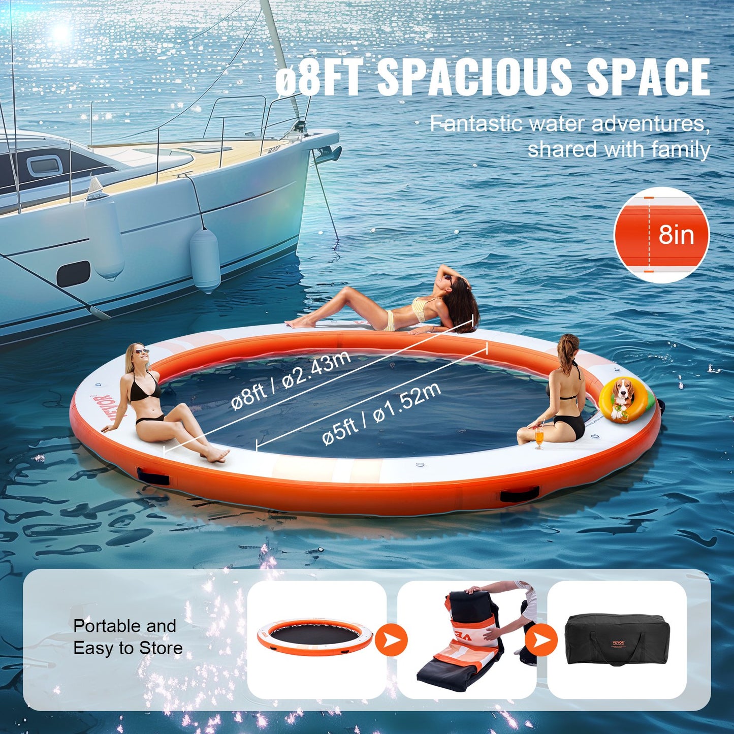 VEVOR Inflatable Floating Dock, ø2.43 m Inflatable Dock Platform with ø1.52 m Trampoline