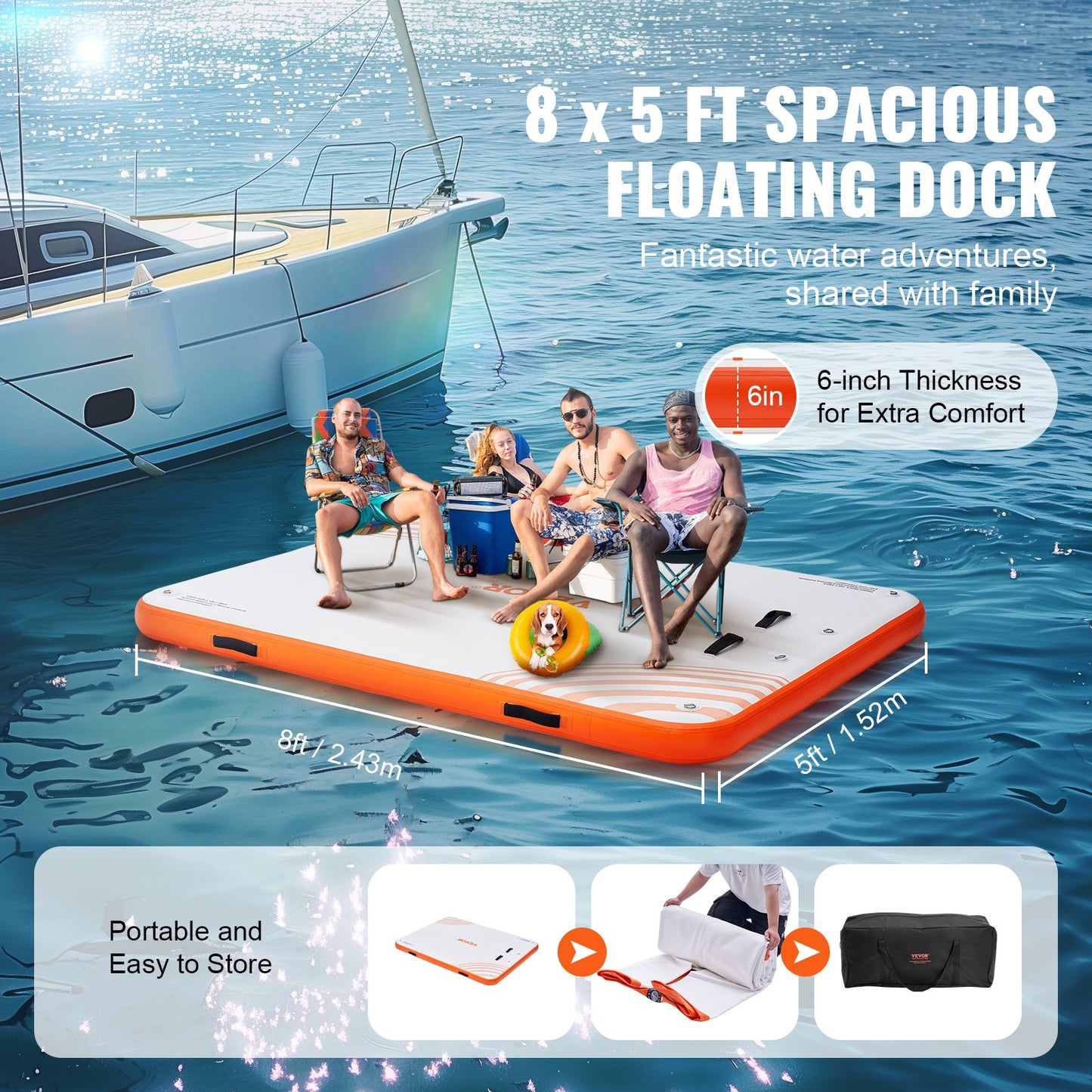 VEVOR Inflatable Floating Dock, 8 x 5FT Inflatable Dock Platform, Non-Slip Water