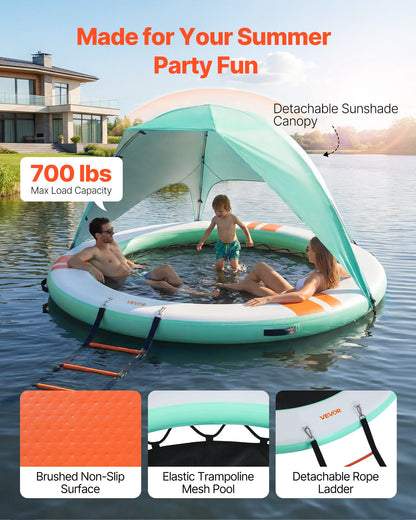 Inflatable Floating Dock, 2.44 M Round Inflatable Dock Platform, Non-Slip Water Floating Mat with Portable Carrying Bag & Detachable Ladder, Platform Island Raft for Pool Beach Ocean