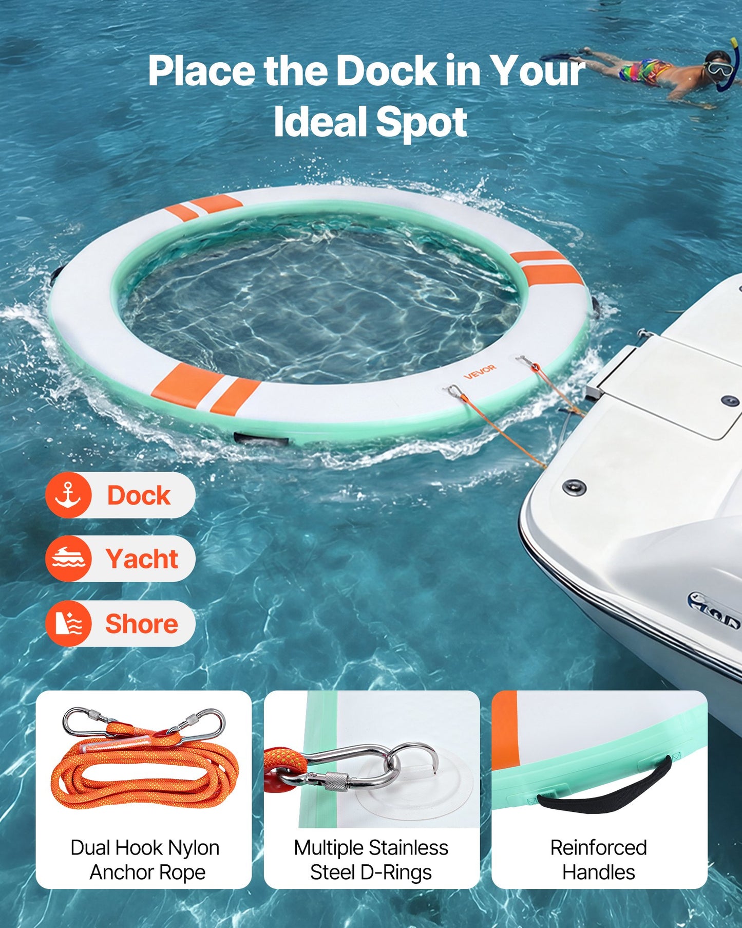 Inflatable Floating Dock, 2.44 M Round Inflatable Dock Platform, Non-Slip Water Floating Mat with Portable Carrying Bag & Detachable Ladder, Platform Island Raft for Pool Beach Ocean