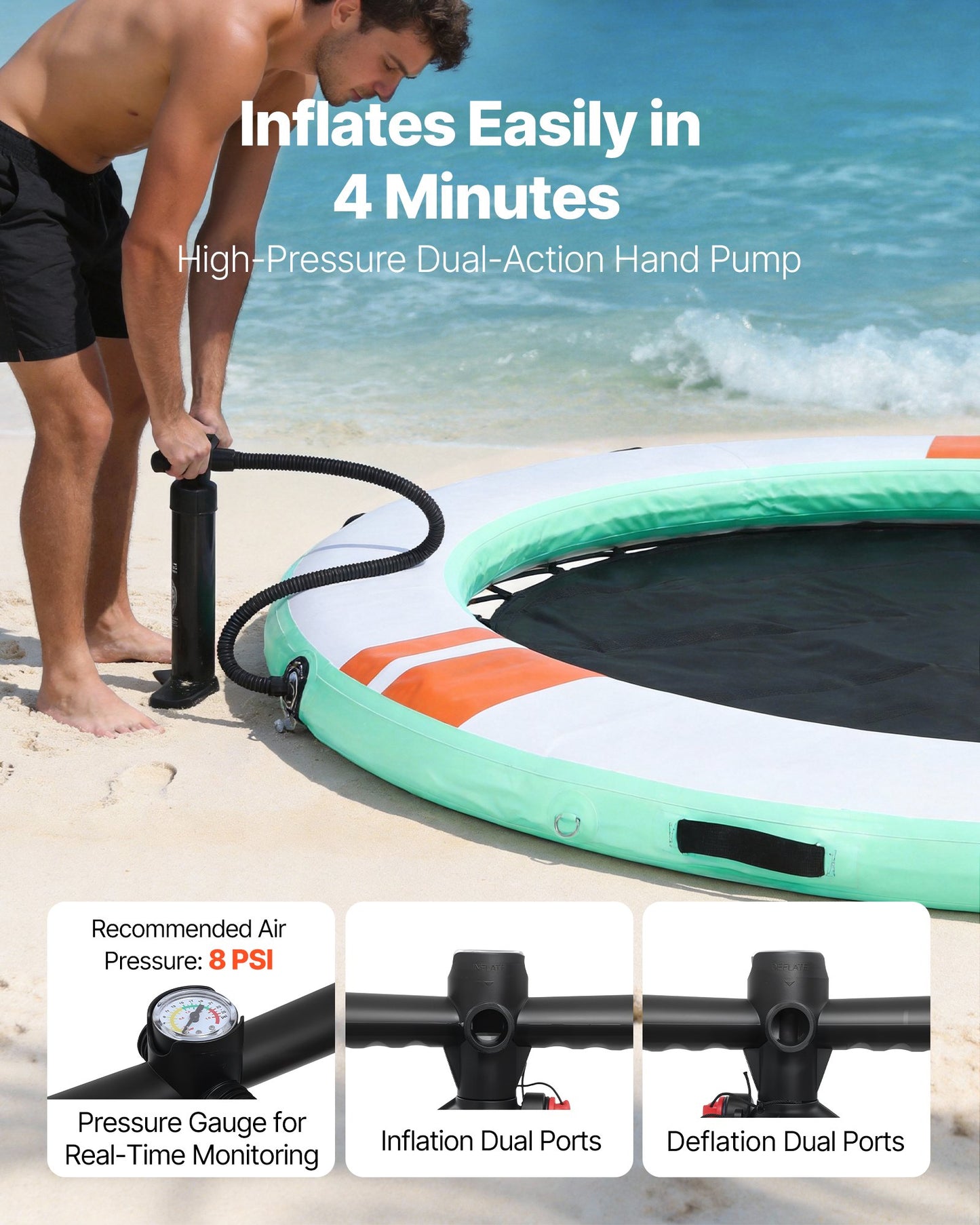 Inflatable Floating Dock, 2.44 M Round Inflatable Dock Platform, Non-Slip Water Floating Mat with Portable Carrying Bag & Detachable Ladder, Platform Island Raft for Pool Beach Ocean